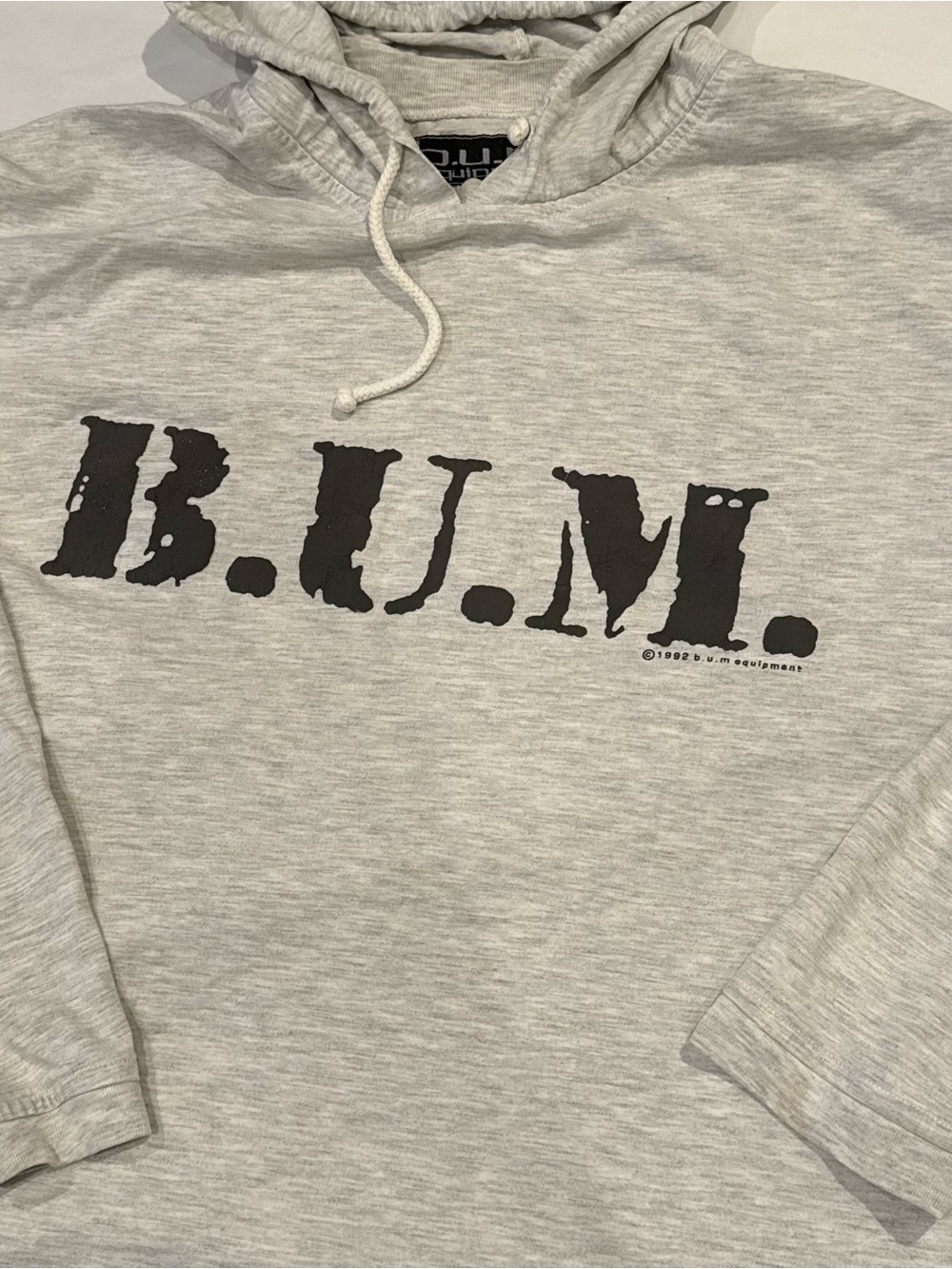 Vintage B.U.M. Equipment Men's Hoodie Spell out Logo Graphic L 1992 Flaws